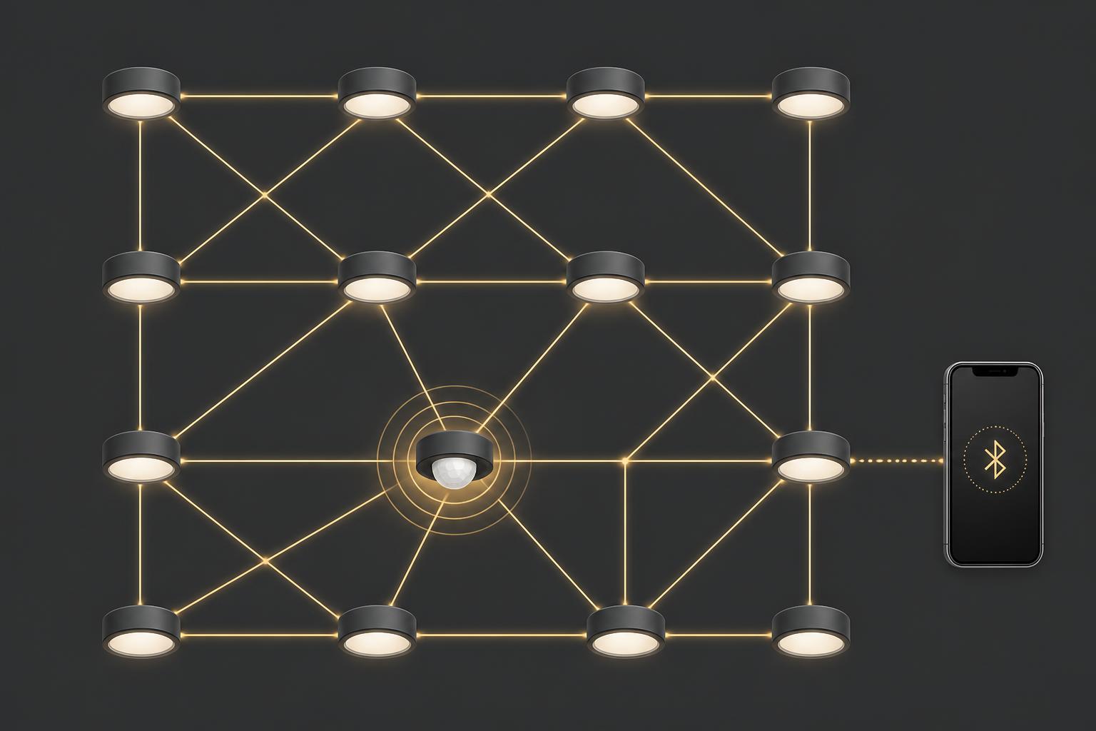 Illustration av ett Bluetooth mesh-nätverk där armaturer, sensor och app är sammankopplade