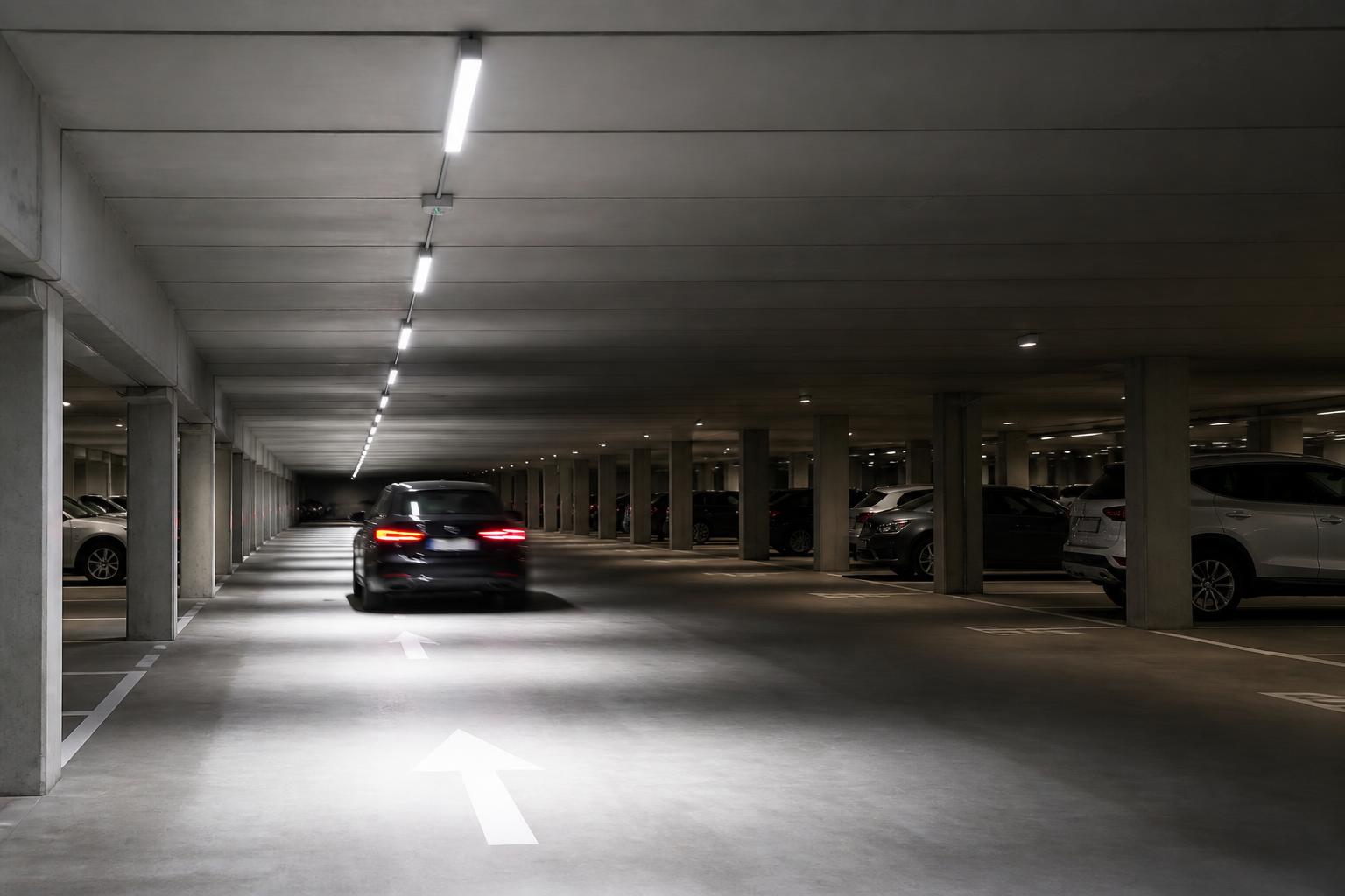 Parkeringsgarage där belysningen dimmas ned i tomma stråk och tänds upp där bilar rör sig